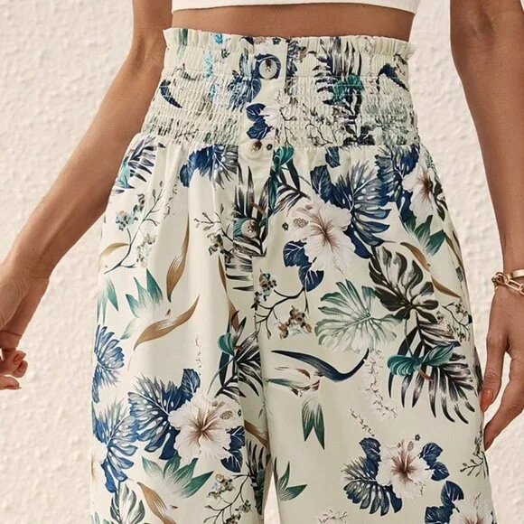 Wide Leg Pants, High Waist Boho Tropical Print Flowy Hippie casual beach pants - Picture 5 of 8